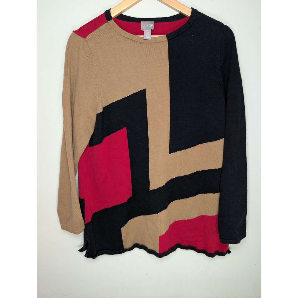 CHICOS Geometric Colorblock Sweater Womens 2 L Black Red Retro Librarian Chic